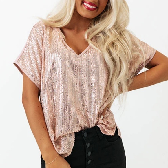 Savannah Jane Light Pink Glimmer Blush Sequin V-Neck Shift Top Blouse Size Small - Picture 1 of 17